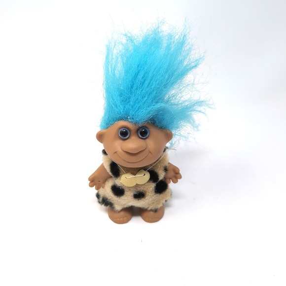 Russ Other - Russ Troll Doll Blue Hair Caveman Leopard Print Outfit Vintage Toy Small 3"